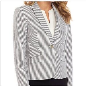 Banana Republic Striped Seersucker Blazer, White and Gray/Blue, Size 2